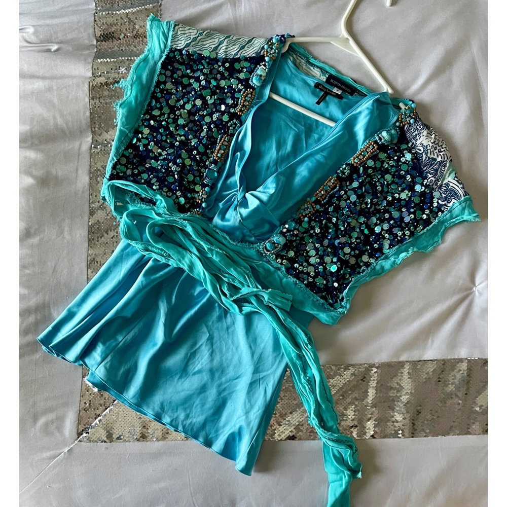 2 Piece Boston Proper Embellished Wrap Aqua Beach Ocean Tank Top Set L S
